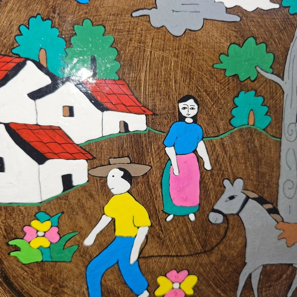 Vintage‎ El Salvador Hand Painted Folk Art Serving Tray Village Scene Donkey